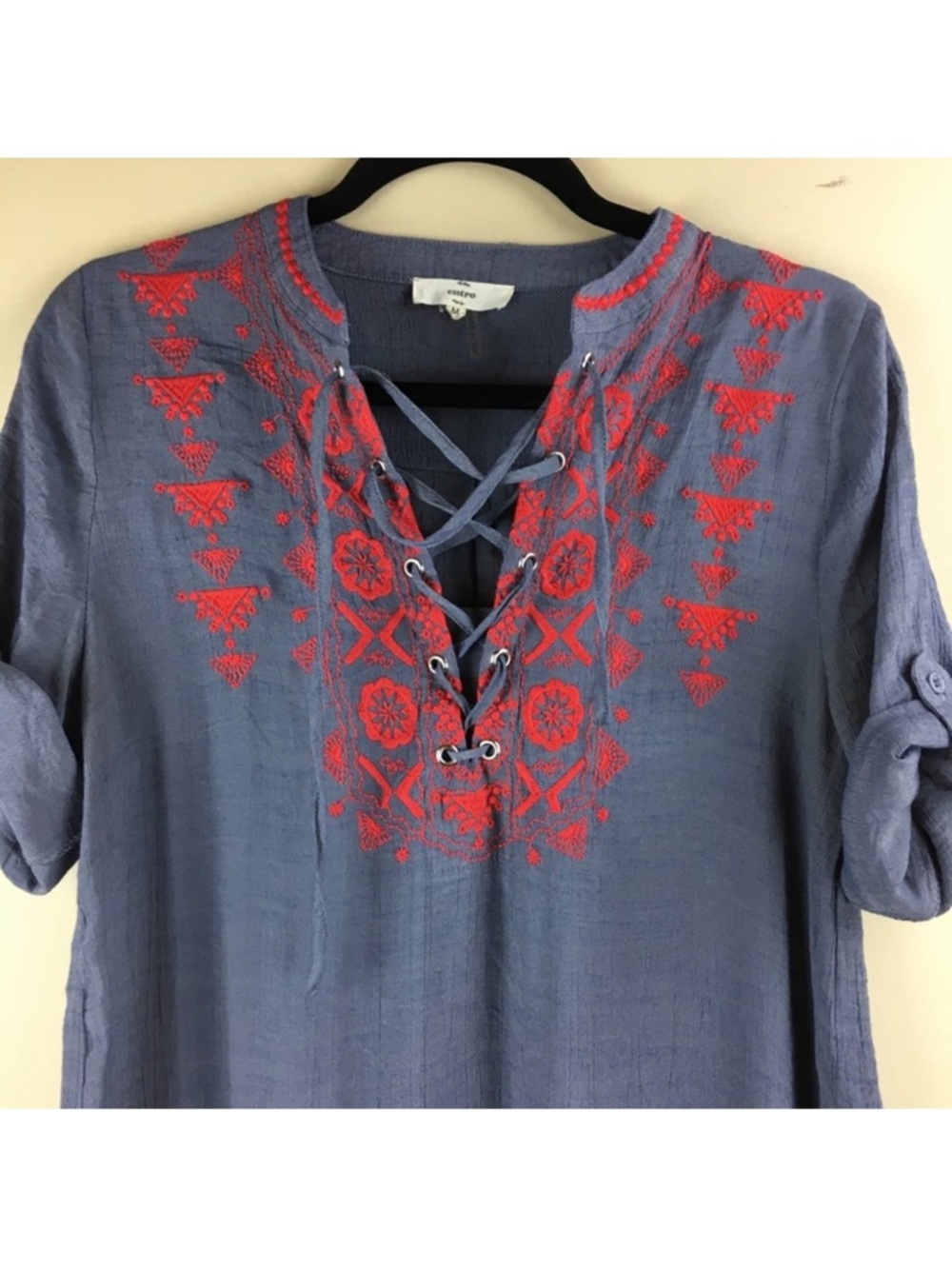 Entro Embroidered Lace-Up Tunic Top - Blue/Gray with Red Accents Medium
